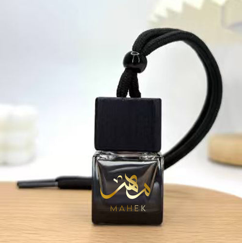 Mahek car diffuser bottle with black wooden cap and hanging cord